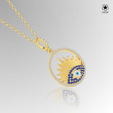 Zirkonia-Silberkette Aura Auge Für Damen 925er Silber mit Anhänger - Dunkelblau-Gelb